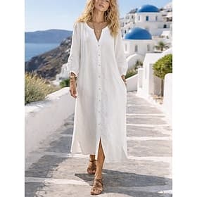 Women's Maxi Dress Linen-feel Dresses Faux Cotton Linen Shift Dress Shirt Dress Stylish Basic Casual Lantern Sleeve Daily Home Work Loose Fit Plain Long Sleeve