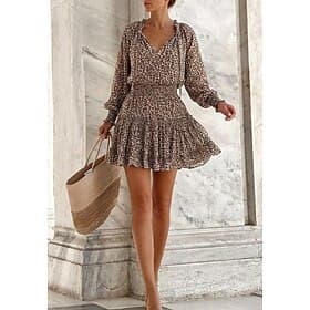 Women's Floral Leopard Ruched Ruffle V Neck Mini Dress Daily Vacation Long Sleeve Summer Spring