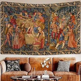 Medieval Wine Harvest Grape Pressing Renaissance Village Life People Harvesting Vineyard Wine Barrels Floral Border Wall Tapestry Wall Hanging Kitchen Dining R