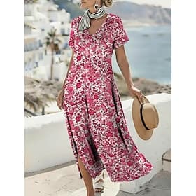 Women's Maxi Dress Boho Dress Casual Dress A Line Dress Print Dress Vintage Outdoor Vacation Weekend Regular Fit Floral Graphic Short Sleeve V Neck Blue Purple