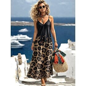 Women's Maxi Dress Sundress A Line Dress Slip Dress Vacation Casual Beach Going out Loose Fit Graphic Animal Leopard Sleeveless V Neck Black And White Black Wh