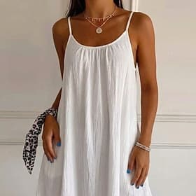 Femmes Robe Midi Robes effet lin Robe fourreau Robe d'Été Robe Nuisette Mode Moderne Quotidien Extérieur Vacances Coupe Ample Uni Sans manches Bretelles Noir B
