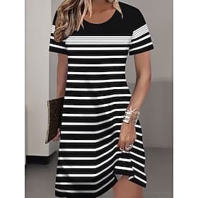 Women's Midi Dress Shift Dress T Shirt Dress Tee Dress Summer Dress Casual Daily Regular Fit Graphic Geometric Striped Short Sleeve Crew Neck Blue Black Red Su