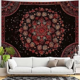 Tapisserie murale bohème mandala rouge foncé bordeaux, motif floral complexe, tenture murale nuit étoilée, art ethnique bohème, décoration intérieure pour salo