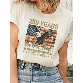 American Independence Day Women's T Shirt Print Graphic Letter American Flag Stylish Classic Casual Short Sleeve Crew Neck Regular Tops Daily Beige Summer Spri