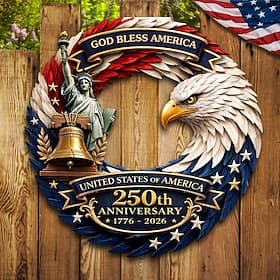 U.S. 250th Anniversary Wood Sign Patriotic Door Hanger, God Bless America Independence Day Decor with Eagle, Liberty Bell  Statue of Liberty, 1776–2026 4th of thumbnail 2