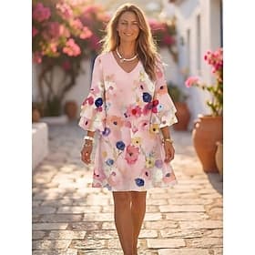 Damen Minikleid Sommerkleid A Linie Kleid Urlaub Lässig Boho Party Normale Passform Blumen Grafik Dreiviertelarm V Ausschnitt Blau Gelb Rosa Purpur Sommer Früh
