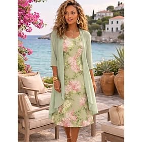 Women's Dress Set A Line Dress Elegant Vacation Floral Graphic Layered Print Midi Dress Half Sleeve Crew Neck Daily Green Beige Summer Spring Regular Fit