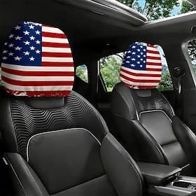 2pcs American Flag Element Car Headrest Covers, Red, White, And Blue Stars And Stripes Print, Universal Fit, Easy To Clean, Soft And Comfortable, Ideal For Dai