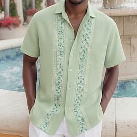 Men's Floral Print Ethnic Shirt Guayabera Shirt Button Up Shirt Short Sleeve Vintage Retro Casual Daily Beach Vacation Wear Summer Turndown 3D Print Front One