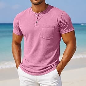 Men's Henley Shirt 100% Cotton Acid Wash Shirt Short Sleeve Henley Summer Spring Fall Retro Vintage Casual Vintage Style Garment Dyed Washed Casual Light Blue