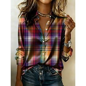 Women's Shirt Satin Shirt Print Graphic Plaid Vacation Casual Long Sleeve Shirt Collar Regular Tops Daily Holiday Going out Rainbow Summer Spring Fall