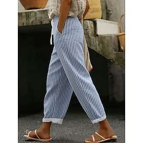 Women's Faux Cotton Linen Slacks Casual Pants Summer Pants Vacation Basic Casual Ankle-Length Natural Striped Geometic Pocket Printing Elastic Drawstring Desig