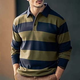 Men's Horizontal Stripes Rugby Polo Long Sleeve Polo Shirts Collared Shirts Casual Outdoor School Athleisure 3D Print Spring Fall Winter Brown Green Army Green