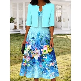 Women's Dress Set Midi Dress A Line Dress Elegant Casual Floral Graphic Print Midi Dress Half Sleeve V Neck Daily Blue Purple Green Summer Spring Regular Fit