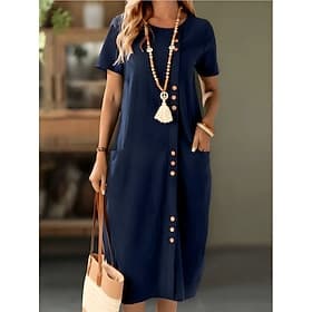 Women's Midi Dress Linen-feel Dresses Shift Dress Summer Dress Casual Daily Regular Fit Plain Short Sleeve Crew Neck Navy Black White Army Green Summer Spring