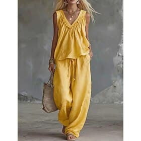 Women's Cotton Linen Sets Two Piece Sets Pants Sets Sleeveless V Neck Solid Color Fashion Streetwear Casual Daily Outdoor Yellow Pink Red Summer Regular Fit
