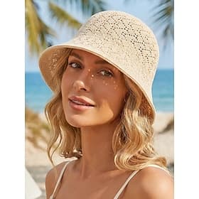 Women's Bohemian Crochet Polyester Bucket Hat, Reversible Foldable Packable Sun Hat in Multi Colors for Daily Casual Wear, Beach Vacation and Holiday Travel