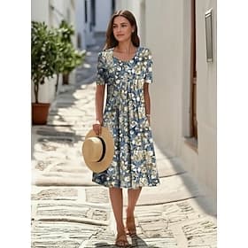 Women's Midi Dress Faux Cotton Linen Shift Dress Casual Dress Summer Dress Fashion Modern Daily Beach Weekend Regular Fit Floral Short Sleeve Crew Neck Blue Wh