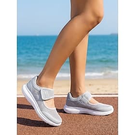 Women's Lightweight Light Grey Velcro Walking Sneakers – Breathable Mesh Athletic Shoes, Comfortable Sporty Style, Perfect for Walking, Travel, Daily Wear, Fit