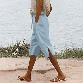 Women's Linen-feel Pants Capri Pants Chinos Summer Shorts Vacation Streetwear Casual Knee Length Medium Waist Plain Drawstring Pocket Comfy Comfort Stretchy Ou