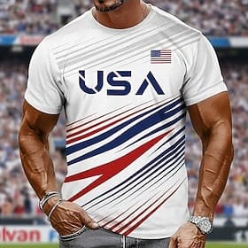 Fußball-Pokal 2026 Herren USA T Shirt Kurzarm T-Shirt 3D-Druck Rundhalsausschnitt Hemd Mode Kerl-Kern Athleisure Täglich Straße Weiß Dunkelblau Sommer Frühling