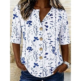 Women's Shirt Print Floral Graphic Elegant Vintage Tropical Half Sleeve V Neck Regular Tops Daily Holiday Beach Wear White and Blue Summer Spring