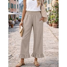 Women's Linen-feel Pants Wide Leg Chinos Summer Pants Vacation Streetwear Casual Full Length Medium Waist Plain Pocket Elastic Waistband Comfort Comfortable In