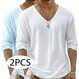 2PCS Men's Tee Top Linen T-Shirt Long Sleeve V Neck Summer Spring Spring  Summer Solid Color Plain Daily Casual Street Style 2 Piece Plain Multi-pack Casual Ou