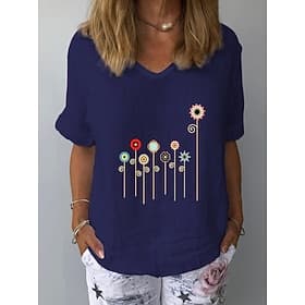 Women's Cotton Blend T Shirt Print Graphic Plants Fashion Stylish Classic Short Sleeve V Neck Regular Tops Daily Going out Weekend White Yellow Ink Blue Gray L