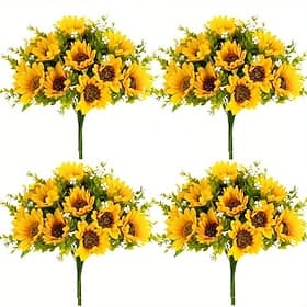 4 bouquets de tournesols artificiels, jaune vif Fleurs en plastique vert résistant pour la décoration intérieure/extérieure, parfaites pour la maison, les hôte
