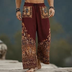 Men's Floral Print Ethnic Flowers Trousers Baggy Pants Casual Pants Mid Waist Bohemian Vintage Retro Home Outdoor Vacation Elastic Drawstring Waist Linen-Like