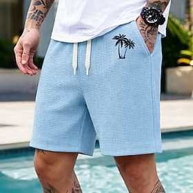 Men's Coconut Tree Tropical Plants Waffle Shorts Casual Shorts Textured Shorts Mid Waist Hawaiian Outdoor Vacation Elastic Drawstring Waist Shorts with Pockets
