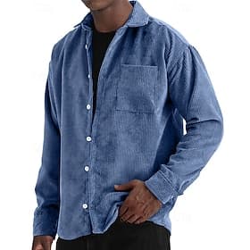 Herren Hemd Sommerhemd Freizeithemd Strandhemd Cordhemd Knopfhemd Marineblau Blau Langarm Einfarbig Revers Lässig Täglich Tasche Bekleidung Mode Lässig Bequem