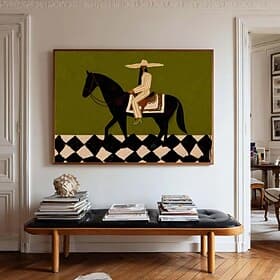 Original Abstract Horse Rider Oil Painting Vintage Figurative Canvas Olive Green Minimalist Wall Art