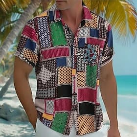 Men's Color Block Patchwork Boho Shirt Summer Shirt Button Up Shirt Short Sleeve Vintage Retro Casual Daily Beach Vacation Wear Summer Turndown 3D Print Front