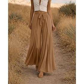 Women's Linen-feel Pants Wide Leg Trousers Casual Pants Vacation Fashion Streetwear Full Length High Waist Plain Drawstring Elastic Waist Comfort Comfortable I