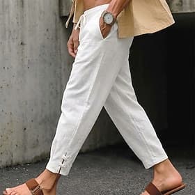 Homme Pantalons en Lin Pantalon d'été Pantacourt Pantalons de Plage Cordon de serrage Taille Élastique Uni Confort Respirant Longueur cheville Occasionnel Quot