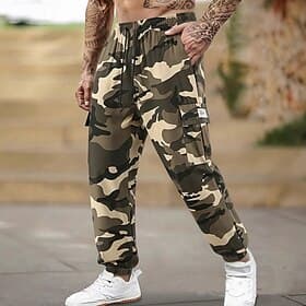 Men's Cargo Trousers Casual Pants Drawstring Pocket Camo Camouflage Comfort Comfortable Knee Length Casual Daily Home Vacation Simple ArmyGreen White Inelastic