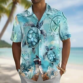 Herren Kompass Schildkröten Meeresbewohner Sommer Hawaiihemd Knopfhemd Alohahemd Kurzarm Hawaiianisch Urlaub Strandbekleidung Sommer Frühling Umlegekragen 3D-D