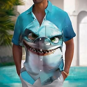 Homens Animal Tubarão Engraçado Camisa havaiana camisa de botão Camiseta Aloha Manga Curta Havaiana Férias Verão Primavera Aberto para a Lateral Impressão 3D c