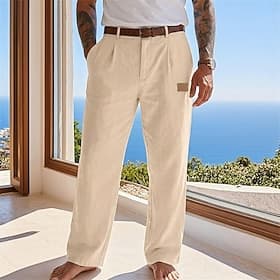 Men's Linen Pants Trousers Summer Pants Baggy Pants Pocket Straight Leg Plain Comfort Breathable Full Length Daily Beach Holiday Fashion Classic Style Blue Bla