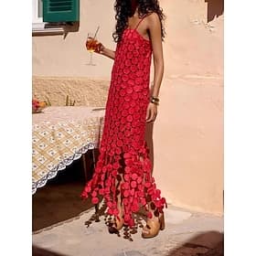 Mulheres Vestido midi Vestido casual Vestido de decote Elegante Moda Moderno Ao ar livre Férias Para Noite Normal Tecido Sem Manga Com Alças Finas Preto Vermel