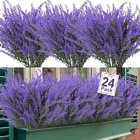 24 Bundles Artificial Lavender Fake Flowers Faux Plastic Plants for Home Wedding Kitchen Garden Patio Window Box Office Table Centerpieces Indoor Outdoor Decor thumbnail 2