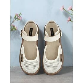 Women's Beige Mesh Mary Jane Flats – Breathable Lightweight Sandals with Adjustable Strap, Casual Summer Shoes for Travel, Garden and Daily Wear