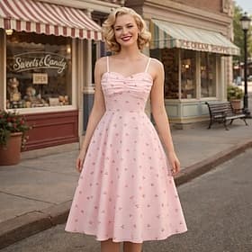 1950er Retro Vintage Kleid Swing-Kleid Ausgestelltes Kleid Ärmellos Audrey Hepburn Jacquard Halter Hohe Taille Kirsche Tailliert und ausgestellt V Ausschnitt K