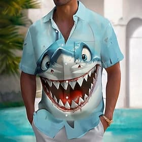Homens Animal Tubarão Engraçado Camisa havaiana camisa de botão Camiseta Aloha Manga Curta Havaiana Férias Verão Primavera Aberto para a Lateral Impressão 3D c thumbnail 2