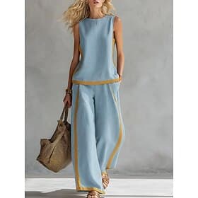 Women's Linen-feel Set Two Piece Sets Vest Sleeveless Round Neck Color Block Fashion Streetwear Casual Daily Outdoor White Wine Navy Blue Summer Regular Fit