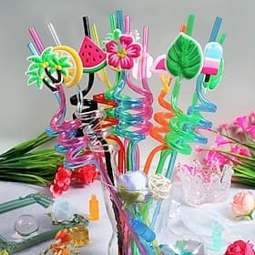 Lot de 10 ou 20 pailles à motif forêt tropicale hawaïenne, pailles spirales réutilisables, fabriquées en PET de qualité alimentaire, idéales pour la plage, la