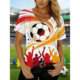 Damen T Shirt T-Shirt Druck Grafik Fußball Stilvoll Klassisch Lässig Kurzarm V Ausschnitt Normale Oberteile Täglich Sport Ausgehen Schwarz Weiß Gelb Sommer Frü